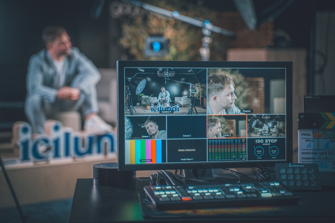 Broadcast control room with multiple camera feed monitors
